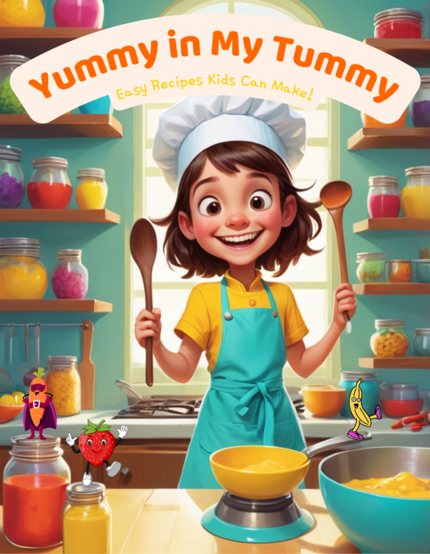 A colorful cover of the book "Yummy in My Tummy: Easy Recipes Kids Can Make," featuring fun illustrations of food and a cheerful design.